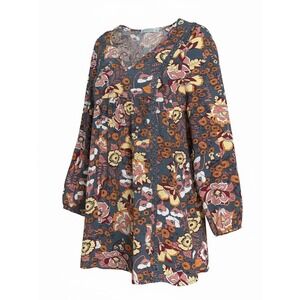 Rusttydustty Floral Babydoll Tunic Dress Blue Orange Crochet Lace Trim Small